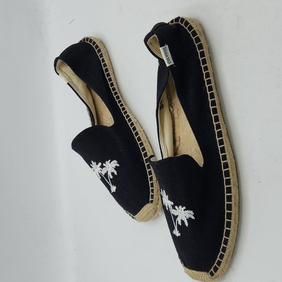 Soludos Palm Tree Embroidered Espadrille Linen Smoking Slippers In Black Size 10 - Picture 4 of 14